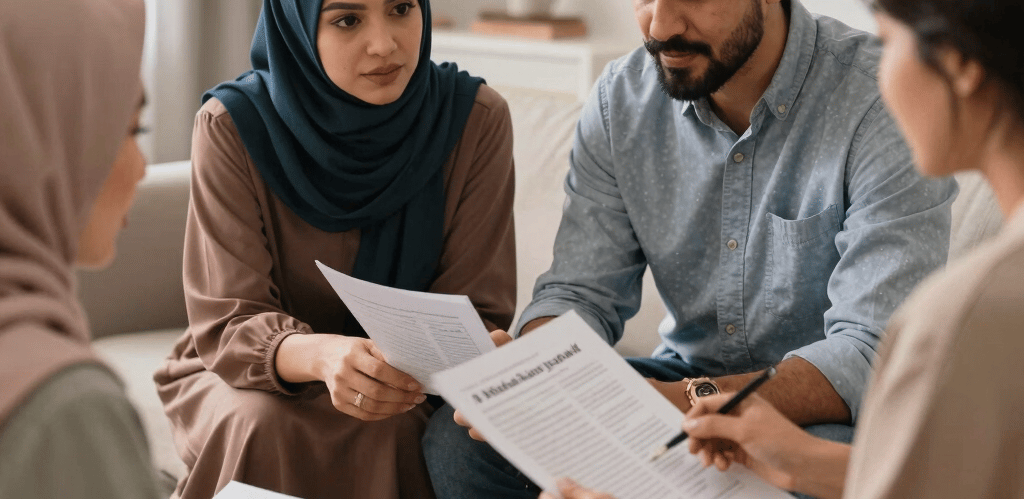 A friendly finance advisor discussing loan options with a smiling family in a bright, modern office.