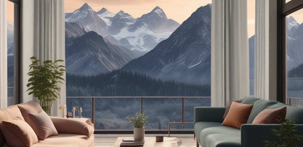 A happy family unpacking boxes in their new Colorado apartment with mountain views outside the window.