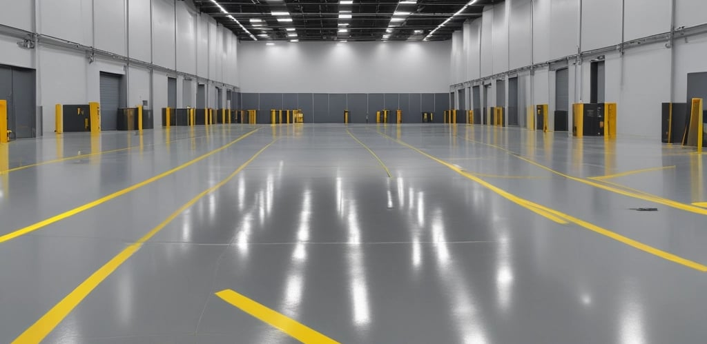 A technician applying a smooth, glossy epoxy floor coating inside a large industrial warehouse.