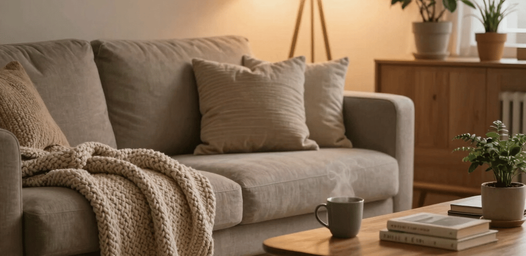 A sunlit cozy cottage nook with soft textiles, vintage decor, and organized shelves filled with charming finds.