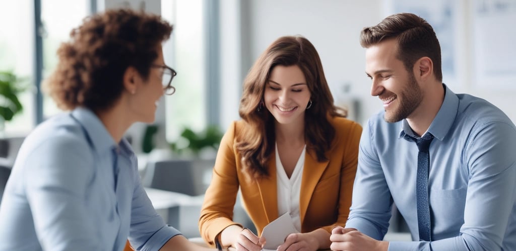 A friendly insurance agent discussing policy options with a smiling family in a bright, modern office.