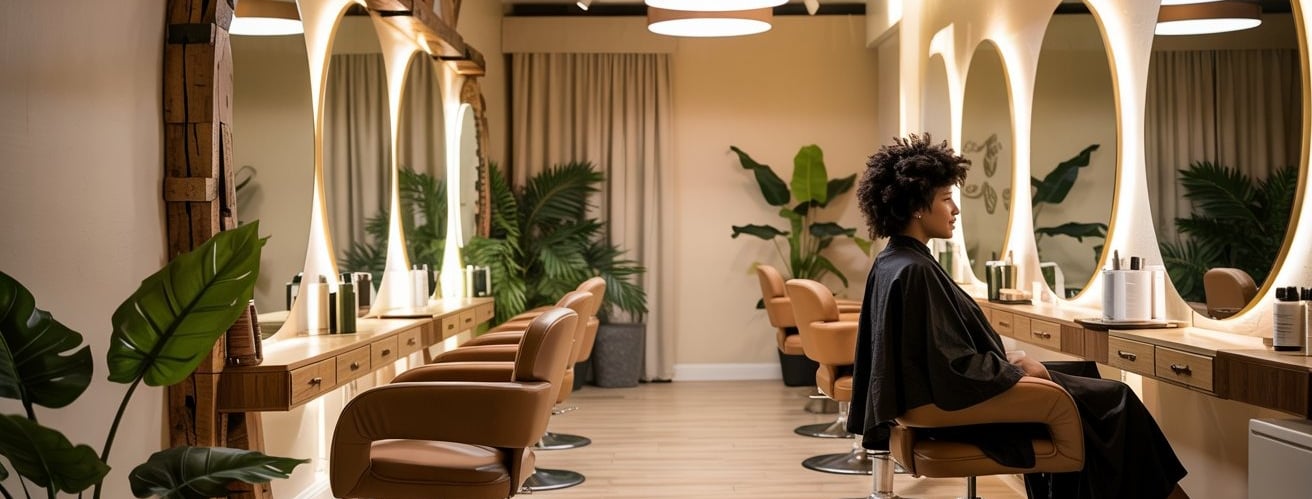 ue d’ensemble du salon X Tension NC, espace lumineux et végétalisé avec miroirs rétroéclairés et fau