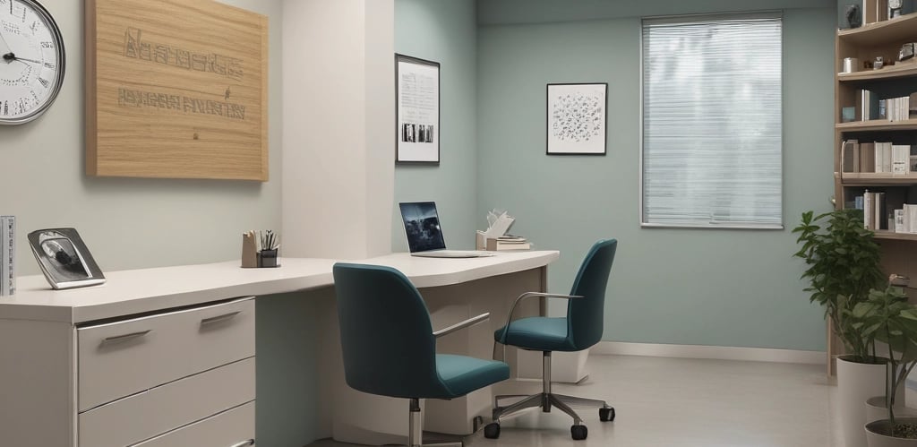 A medical examination room with a computer on a desk, storage shelves filled with medical supplies, and a BMI chart on the wall. The desk contains various bottles, papers, and electronic equipment. The room is equipped with medical gloves and a sharps disposal container mounted on the wall.