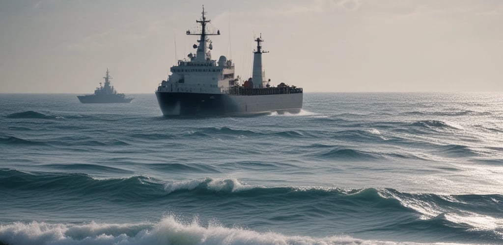 A monochrome photograph depicts a harbor scene with several parked vehicles, including a van and a car with a roof box. In the background, a large ferry or ship is visible, moored alongside. In the foreground, there is a row of bicycles secured to a railing, with wet pavement indicating recent rain.