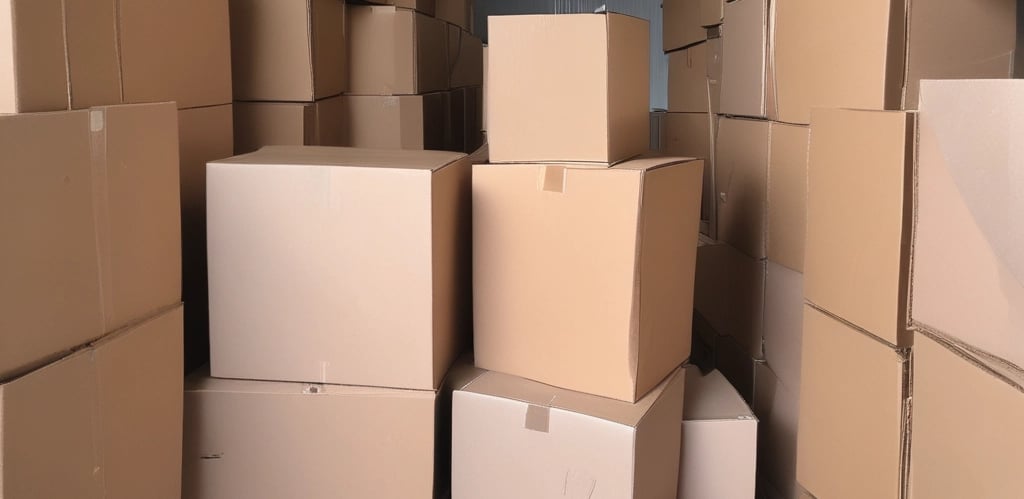 A stack of flattened cardboard boxes and papers are piled on a cart with wheels, positioned in front of a wrought iron gate. The gate features ornate designs, and there is a wheelchair accessibility symbol visible. The scene conveys a sense of urban life and recycling.