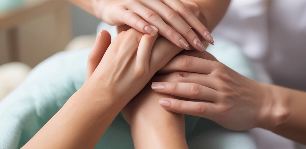 A person wearing a face mask and an apron is focused on performing a manicure for a client whose hands are extended towards them. The setting appears to be a nail salon, with a lamp providing light and manicure tools visible on the table.