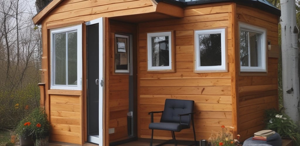 A modern tiny house with large windows is situated amidst a lush green landscape. The structure appears to be a compact living space, featuring an outdoor seating area with a patio umbrella. It is surrounded by tall trees and a grassy field dotted with small wildflowers.