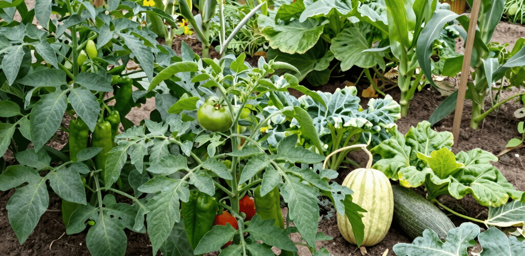 a lush vegetable garden filled with fruiting plants