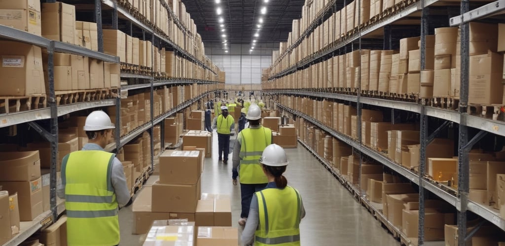 A spacious warehouse with tall shelves filled with various boxes and pallets. A yellow forklift is parked in the aisle, surrounded by organized inventory. The environment appears clean and well-lit, with items neatly stacked on metal racks.