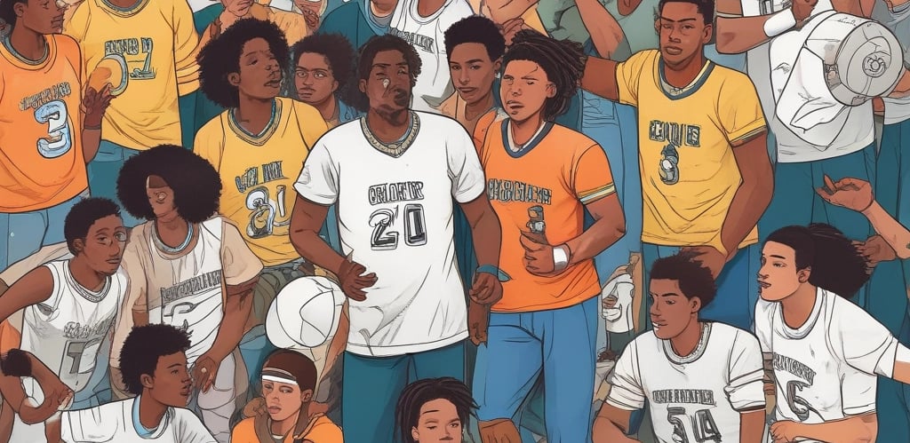 A group of people, mostly young individuals, stand together in what appears to be a sporting event. They are wearing swim caps of various colors, including green, orange, and blue, and some have sports jerseys with text on the back. There are trees and electricity pylons in the background, indicating an outdoor setting.