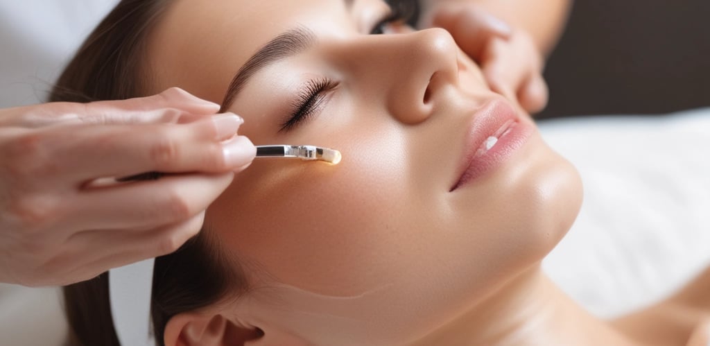 A person is lying on a treatment table in a spa-like setting, receiving a facial treatment. Another person is applying a facial mask with a brush while holding a small bowl. The space is neatly organized with shelves and skincare products in the background.