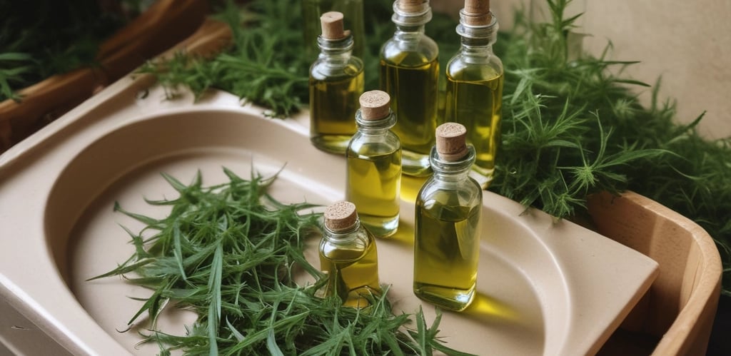A dark glass bottle labeled 'Erbology Hemp Seed' is placed on a neutral-colored surface with a minimalist backdrop. The bottle has a simple design with a green hemp leaf illustration on the label.