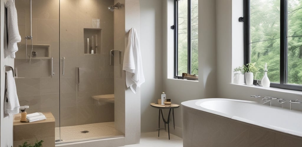 A woman in a black swimsuit is seated on a pool lift, preparing to enter a swimming pool. The setting is indoors with wooden paneling, and a wheelchair is positioned next to a door.