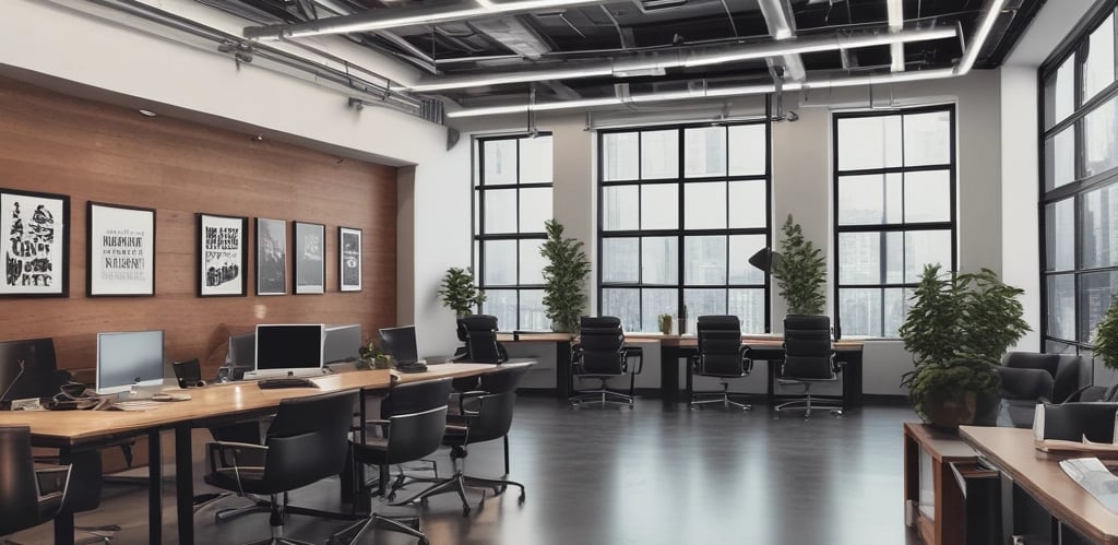 The inside workspace of the marketing agency during the morning time before everyone arrives.