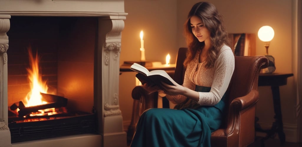 A person holding a book titled 'A Storytelling Workbook for Beginners' while sitting on a sofa. The book cover features a heart design with the words 'people,' 'problem,' 'purpose,' and 'plan.' The setting includes a coffee table with a notebook, pen, and eyeglasses, and a decorative diffuser in the foreground. The sofa has a gray quilted texture and a yellow pillow.