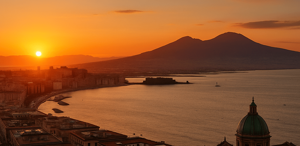 Tramonto estivo sul Golfo di Napoli con il Vesuvio in controluce