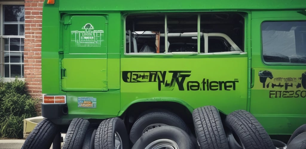 Two large tires are positioned upright on a brick-paved sidewalk. One tire has writing in white paint or chalk, displaying a phone number and the word 'SATILIK'. A parked silver car and another vehicle are partly visible behind the tires, alongside a metal structure.