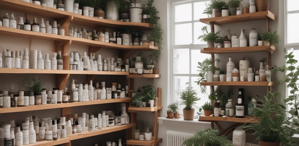 A close-up of natural hair care products displayed on a wooden table.