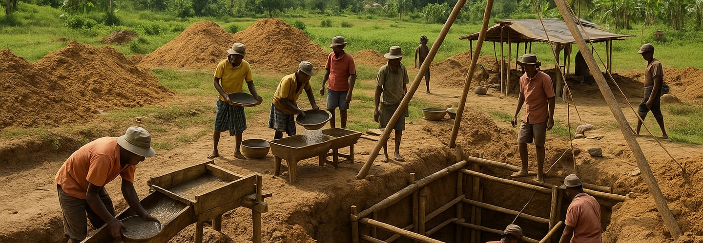 Traditional gem miners in Sri Lanka working in an open pit surrounded by tropical greenery