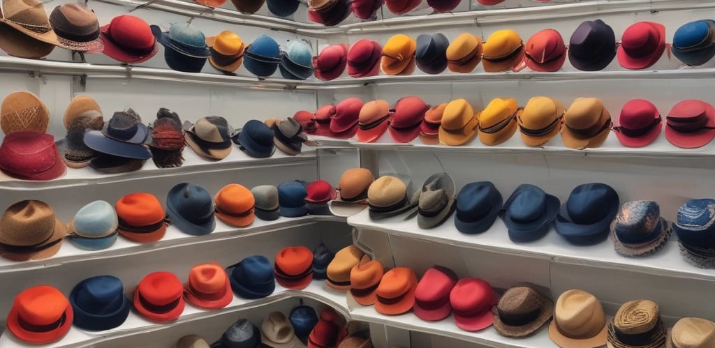 A retail display inside a store featuring outdoor or casual clothing and accessories arranged on a white board. Items include a green long-sleeve shirt, gray pants, a pair of green and beige shoes, a green hat, sunglasses, a pair of white socks, a small green item, and a blue pouch. In the background, shelves are stacked with blue and white shoe boxes.