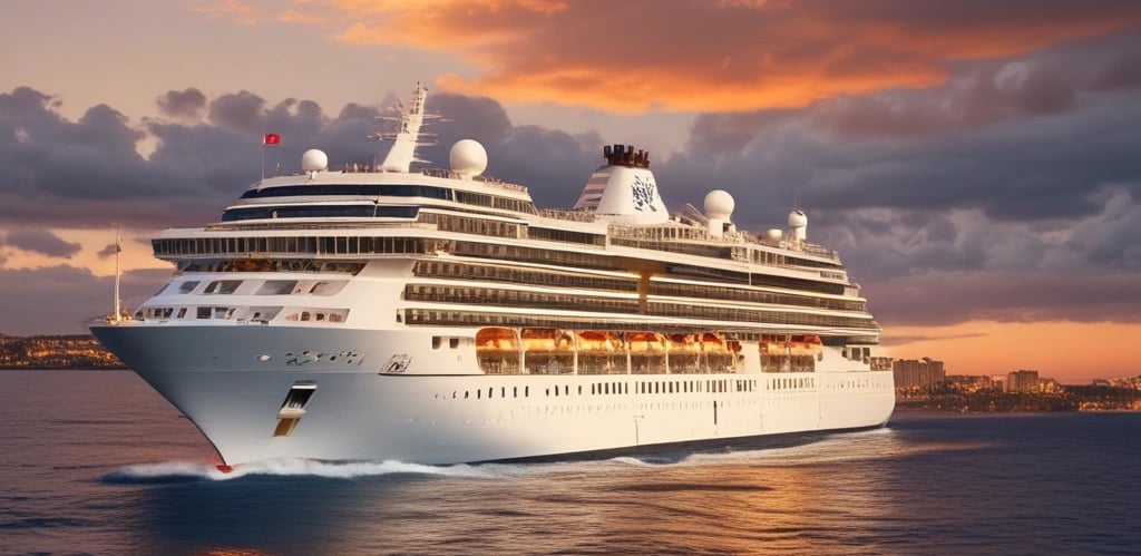 A luxury cruise ship deck featuring a pool surrounded by lounge chairs and warm ambient lighting. A large screen overlooks the area, showing an image against a dark night sky.
