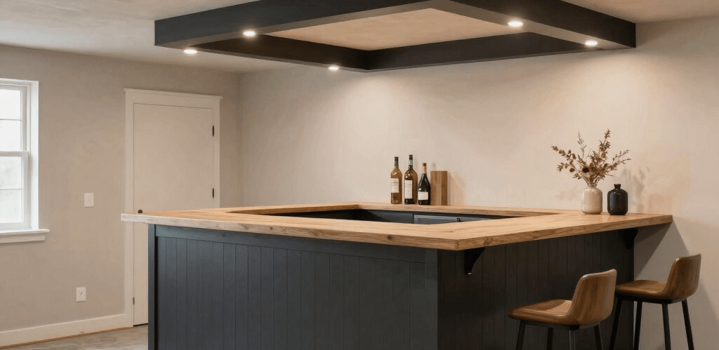 A skilled contractor carefully measuring wood for a custom deck under a bright blue sky.