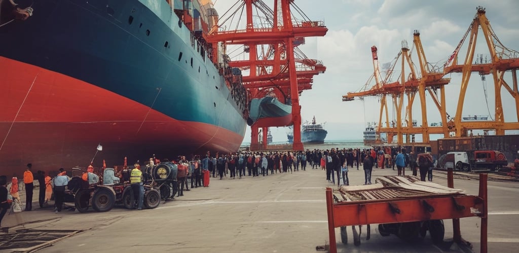 A friendly customs officer assisting a client with paperwork at a busy port in Durres.