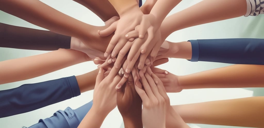 A warm, sunlit living room with people sharing a meal and laughter, embodying community and recovery.