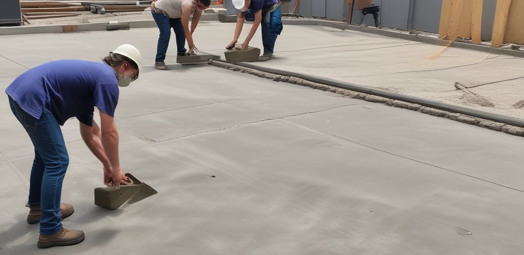 A warm scene of a multi-generational family team confidently reviewing concrete project plans at a sunny job site.