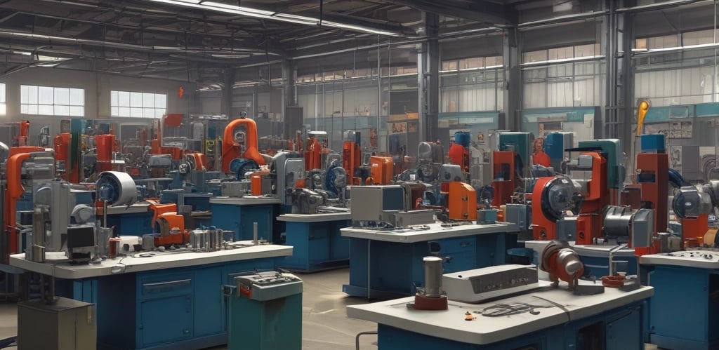 A skilled technician operating a large metal lathe machine in a clean, modern industrial workshop with steel parts surrounding.