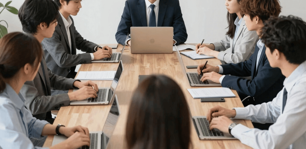 A modern office scene showing the Ignexon Technologies team collaborating over digital manufacturing dashboards.