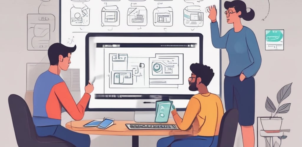 A team of professionals collaborating on website design and technical market strategies in a modern office.