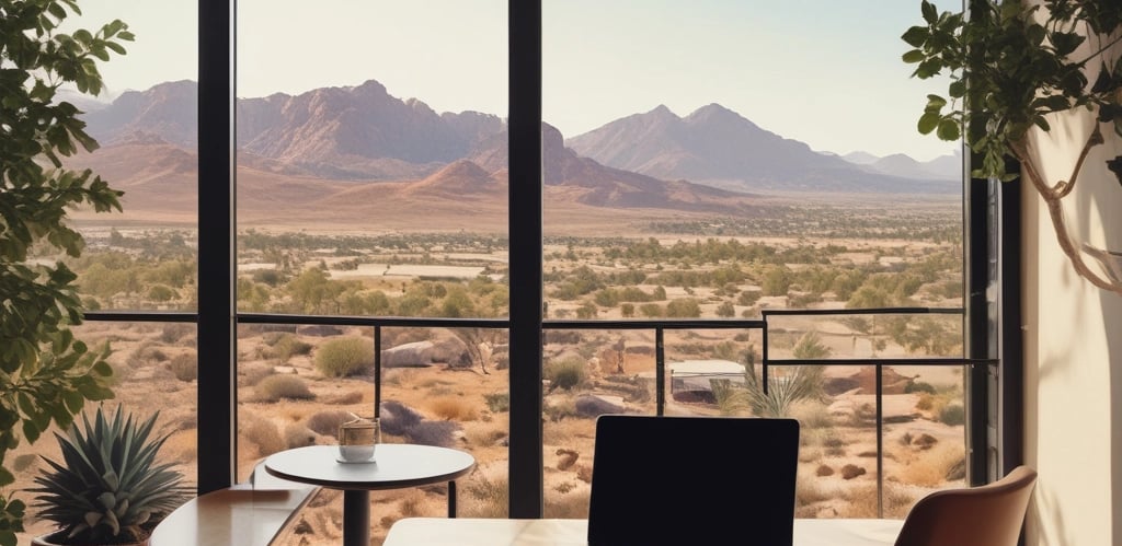 A serene workspace by a sunny window overlooking a vibrant cityscape, blending travel and wellness.