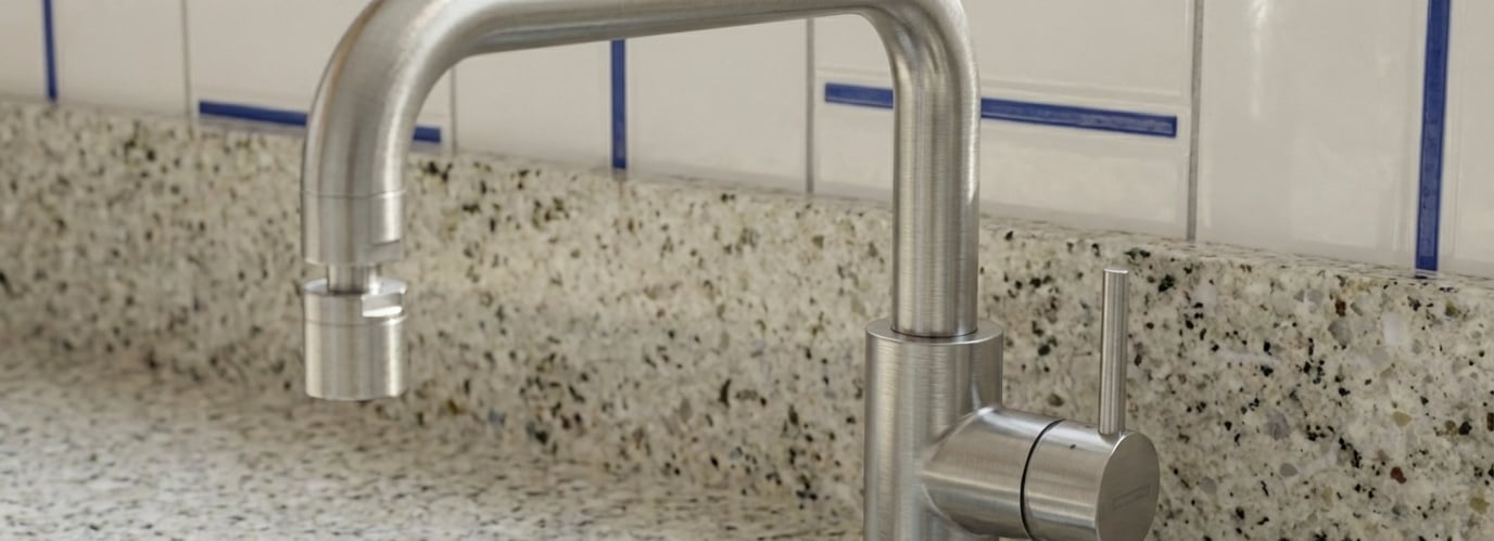 Modern brushed nickel kitchen faucet mounted on a granite countertop with white tiled backsplash.