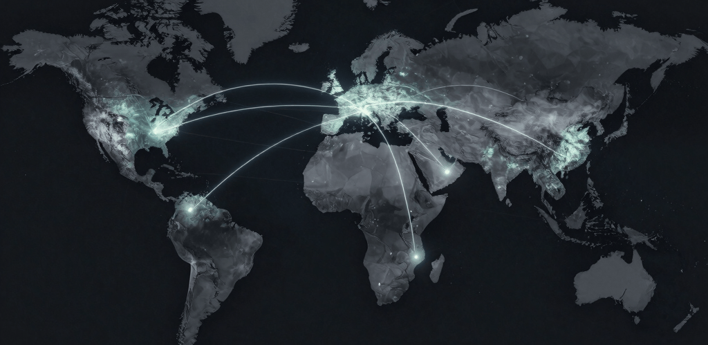 A panoramic night view of a global financial district skyline, illuminated with subtle gold accents reflecting power and structure.