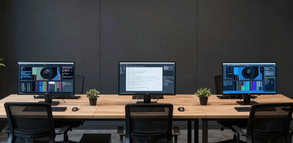 A sleek, dark-themed office space with three workstations symbolizing digital publishing, software development, and engineering consulting.