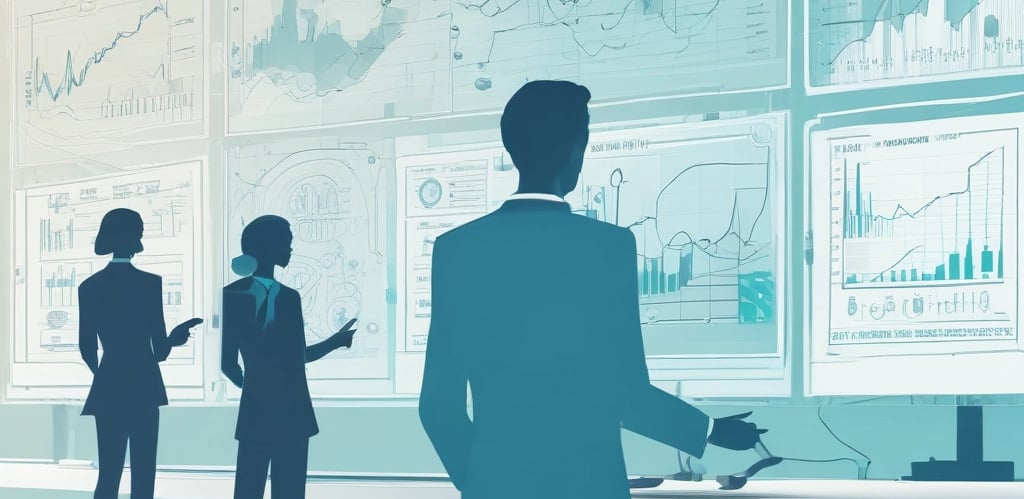 A sleek, dark-themed high-tech office with professionals analyzing health data on multiple screens illuminated in teal.