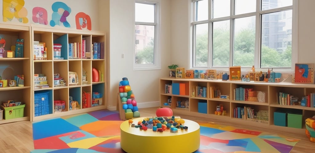 A bright and cheerful indoor educational play area for kindergarten children with colorful learning tools