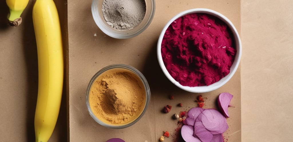 A vibrant market stall displaying fresh groundnuts, tamarind pods, and colorful spices.