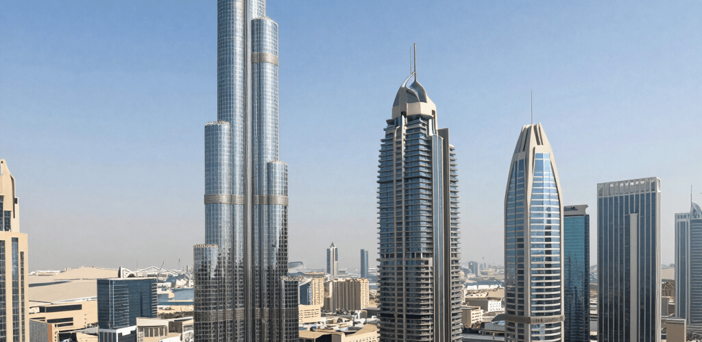 A sleek modern office skyline at dusk symbolizing global business connections.