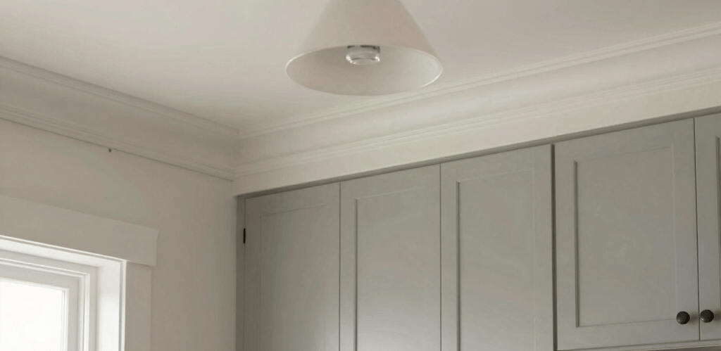 A friendly handyman installing elegant crown molding in a cozy living room.