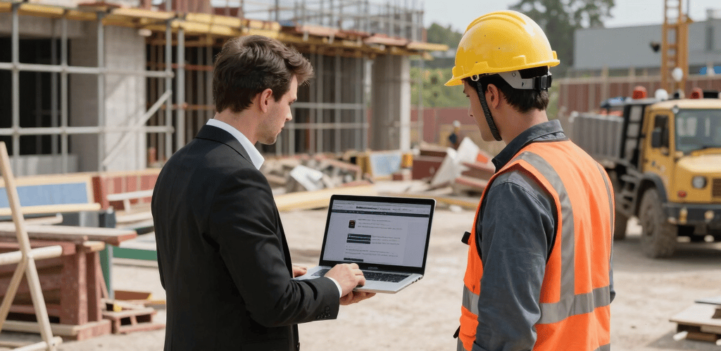 A focused web designer collaborating with a local roofer, reviewing website layouts on a laptop in a workshop setting.