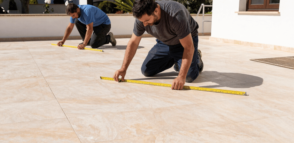 A skilled craftsman fitting custom cabinetry in a bright Mediterranean kitchen.