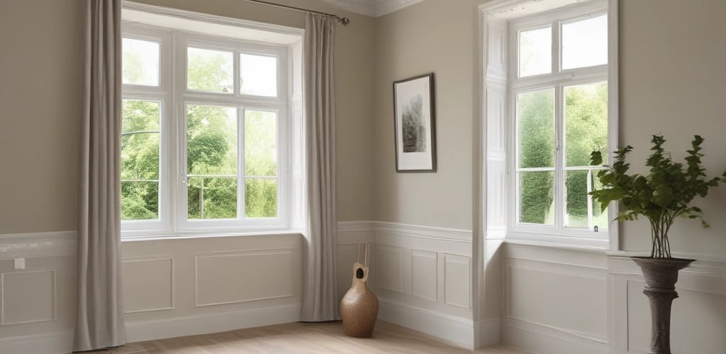 A painter carefully applying a fresh coat of paint to a bright, modern living room wall.