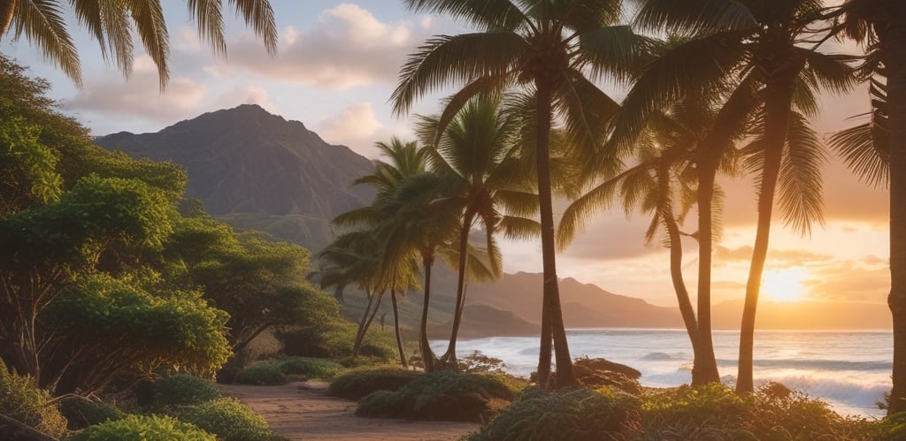 A warm, welcoming Hawaiian vista with tropical Hawaiian plants.