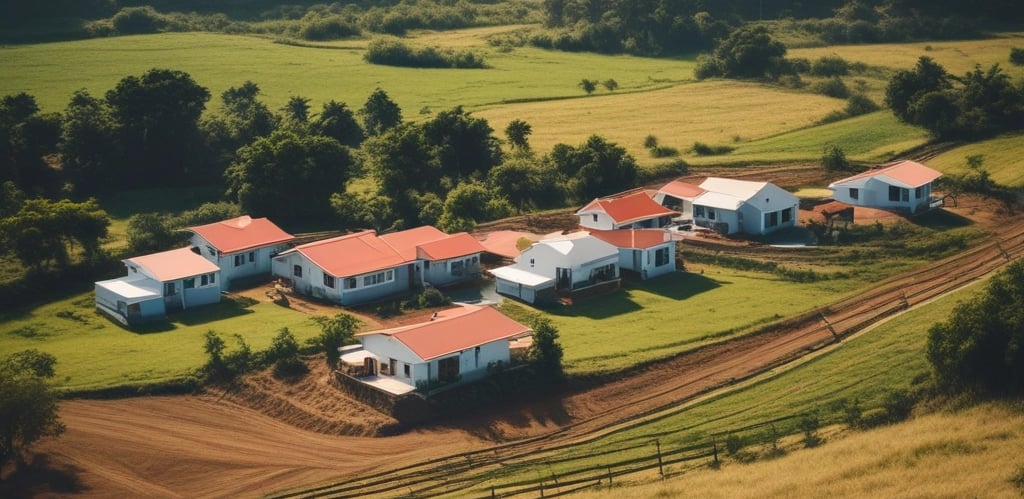 Aerial view of a vast Brazilian farmland with green fields and a clear blue sky.