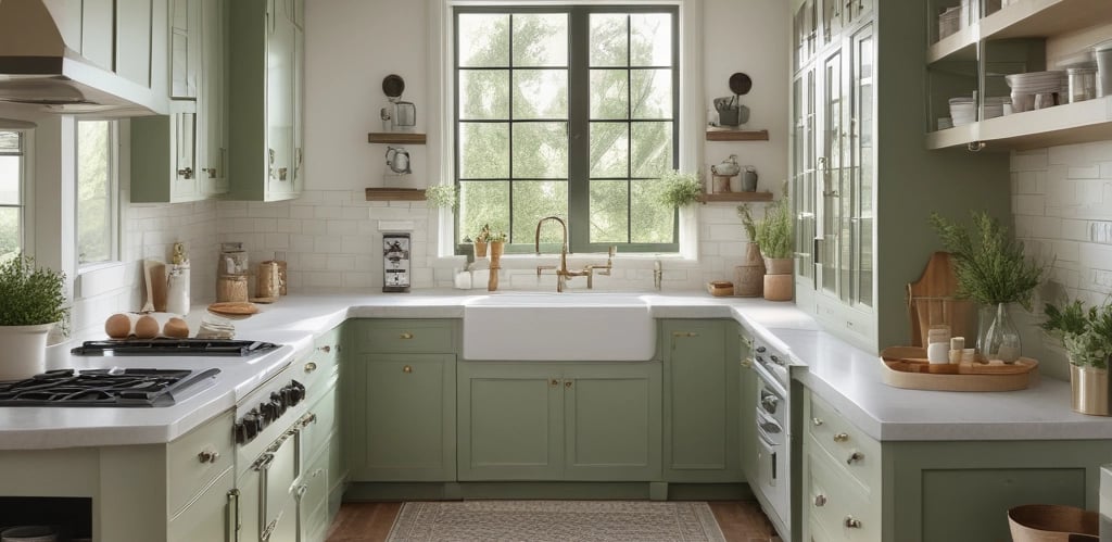 Modern farmhouse kitchen decor on budget with sage green cabinets and warm neutral accents