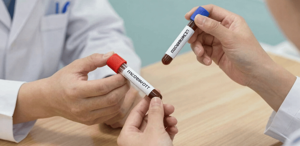 A friendly phlebotomist in uniform gently collecting a blood sample from a smiling patient at home.