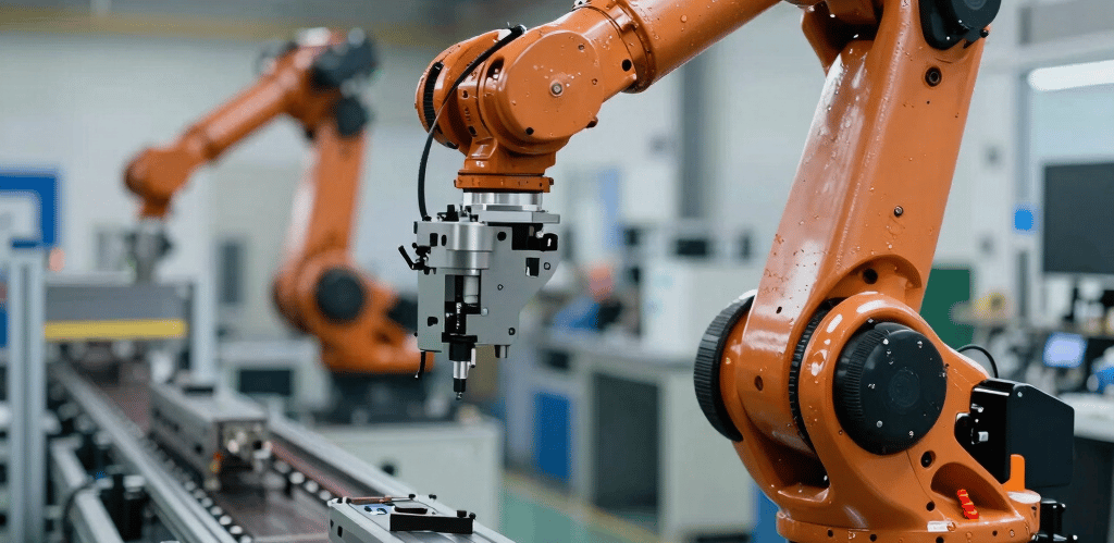 Technician inspecting industrial machinery in a modern factory setting with clear focus on precision and care.
