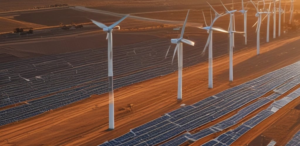 Ultra-realistic 3D rendering of solar panels and wind turbines seamlessly integrated with digital grid patterns under a clear blue sky.